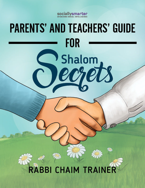 Parents' and Teachers' Guide for Shalom Secrets book front cover, hands of children shaking, grass and daisies, author's name Rabbi Chaim Trainer