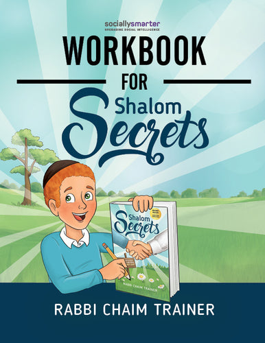 Shalom Secrets Workbook front cover, boy redhead holding pencil holding the Shalom Secrets book, beams of light across sky, grass, author's name Rabbi Chaim Trainer
